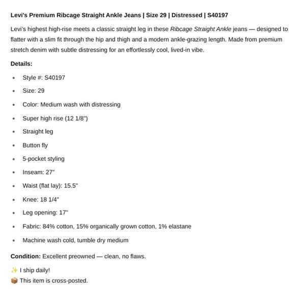 Levi's SZ 29 Premium Denim Ribcage Straight Ankle Distressed  S40197 - Picture 7 of 7